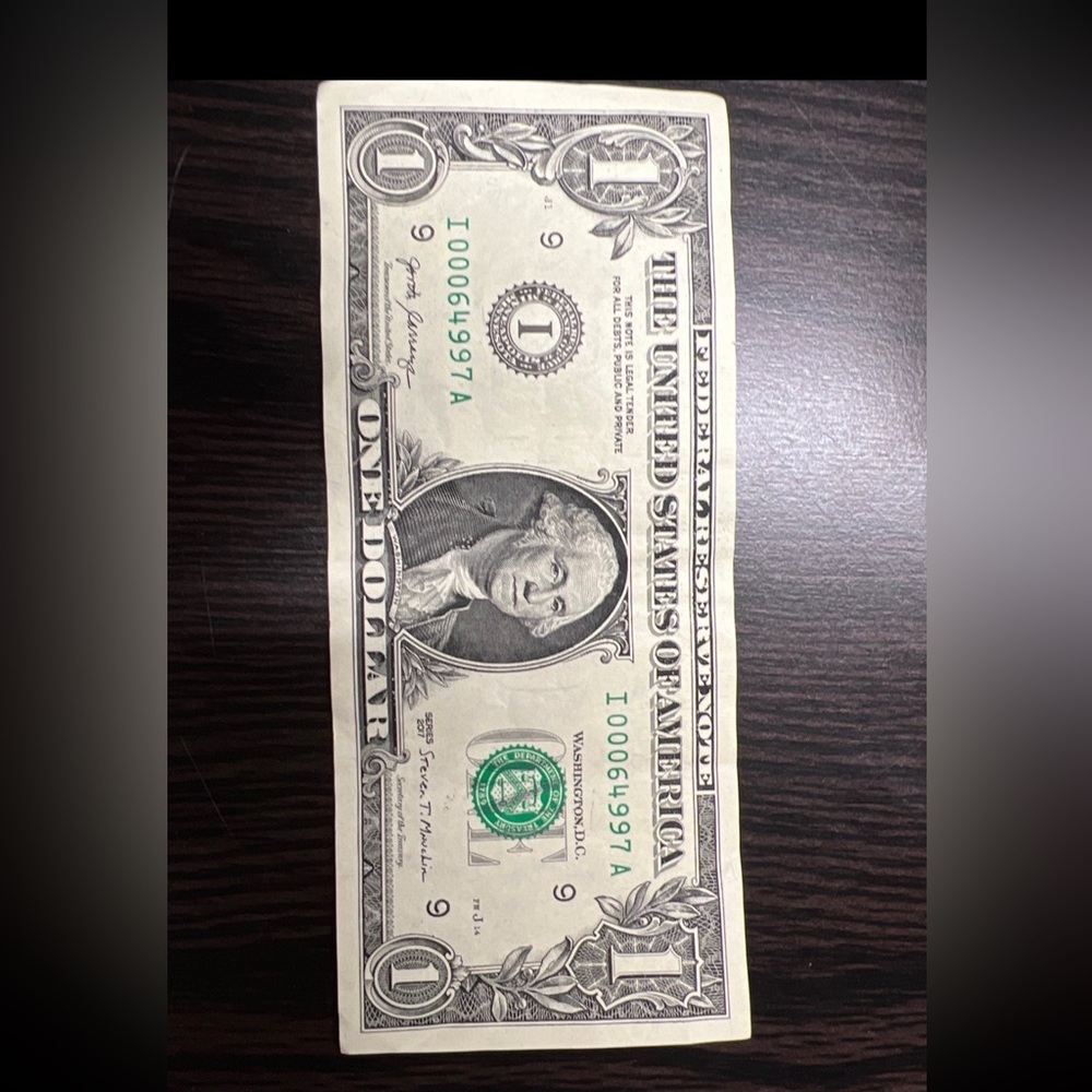 Fancy Serial Number I 00064997A 2017 Series ONE DOLLAR BILL